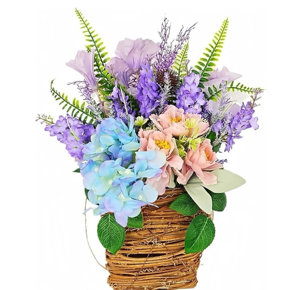 Cream Hydrangea Door‎ Hanger Basket Wreath, Wildflowers Door Hanging Basket